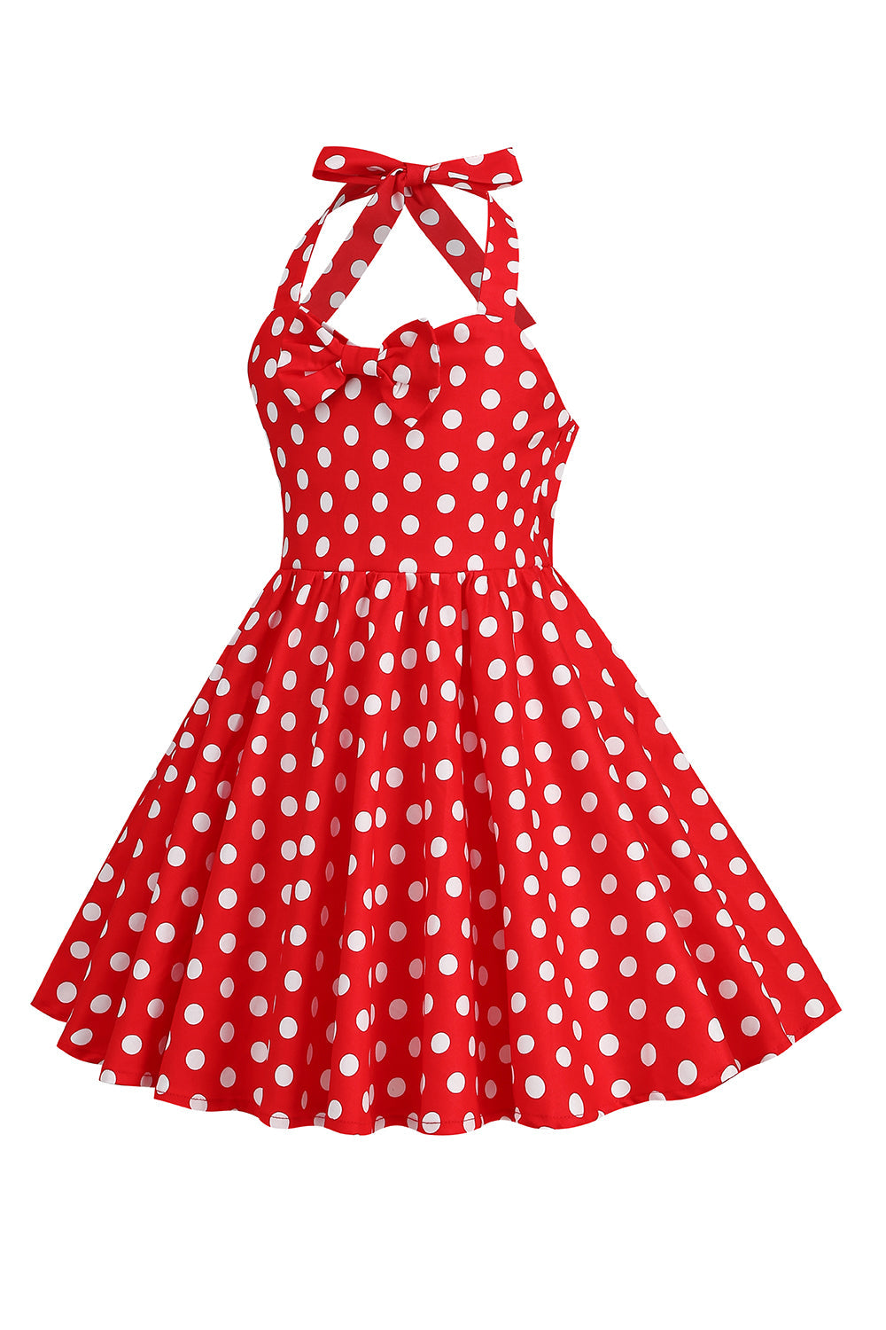 Halter Red Vintage Polka Dot 50'er pigekjole med sløjfe