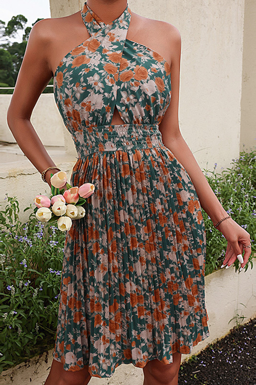Halter hals grøn blomst print sommerkjole