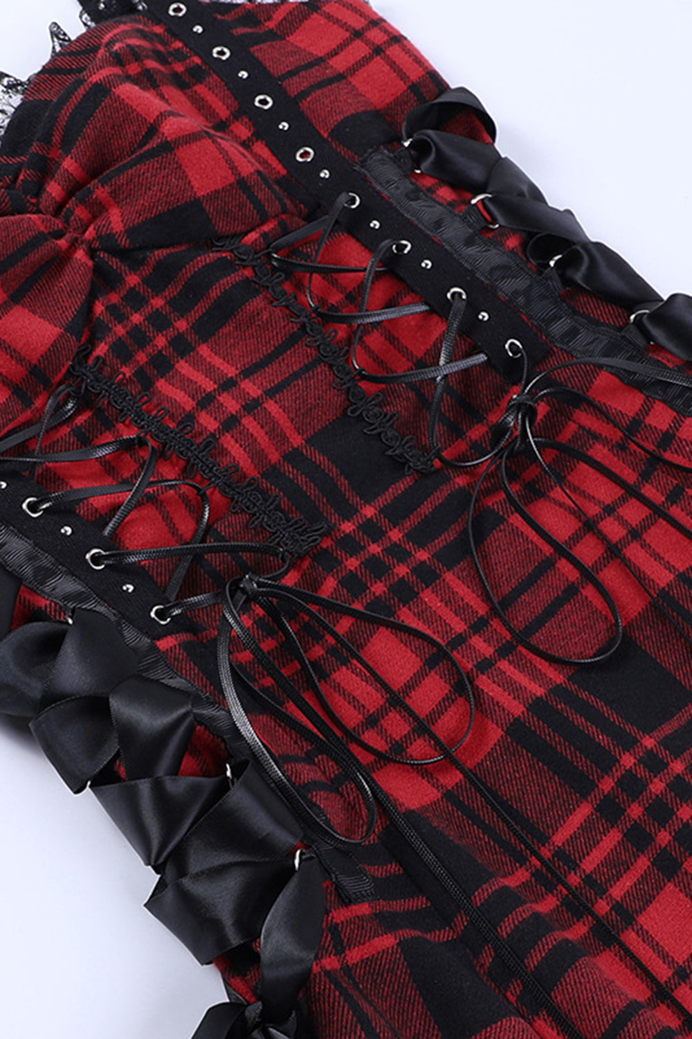 Spaghetti stropper Plaid rød vintage kjole med blonder