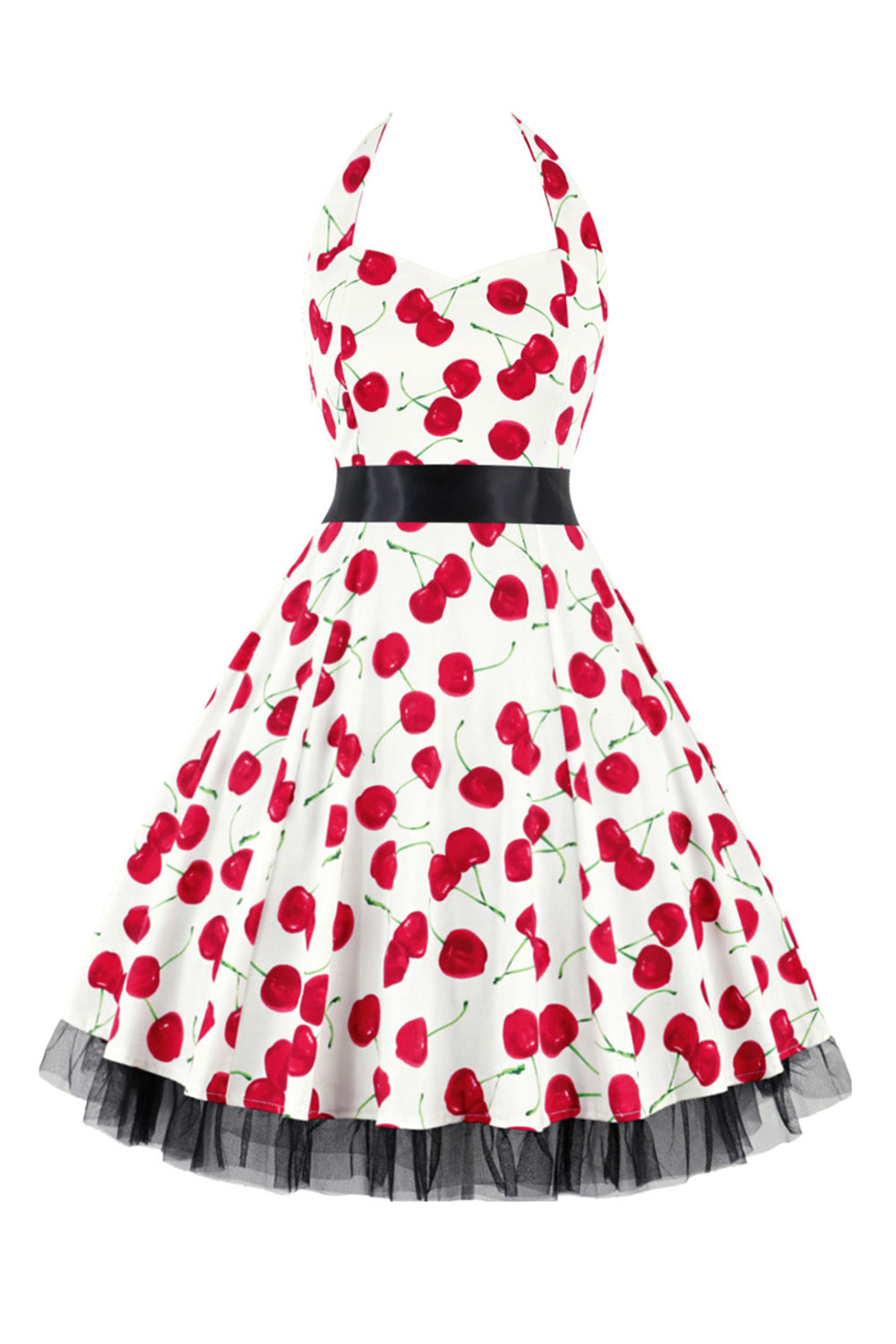 Hepburn stil halter tyl sort trykt 1950'erne kjole