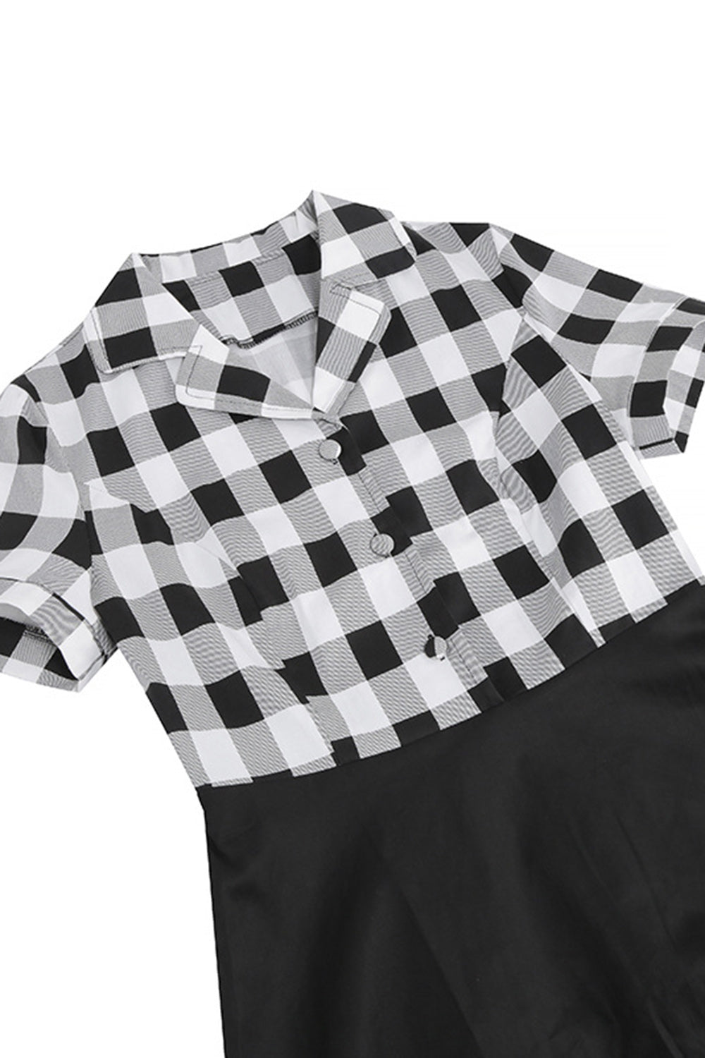 V-hals korte ærmer Plaid Black 1950'erne kjole med bælte