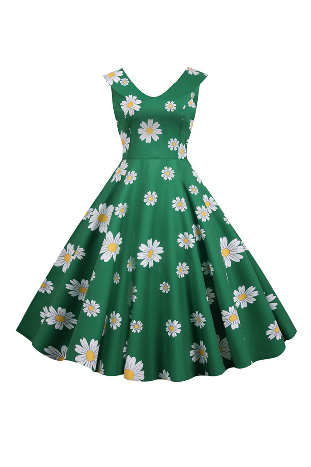 Ærmeløs trykt gul kjole fra 1950'erne