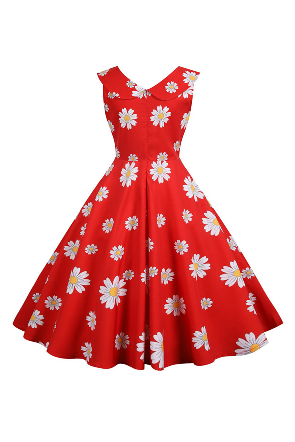 Ærmeløs trykt gul kjole fra 1950'erne