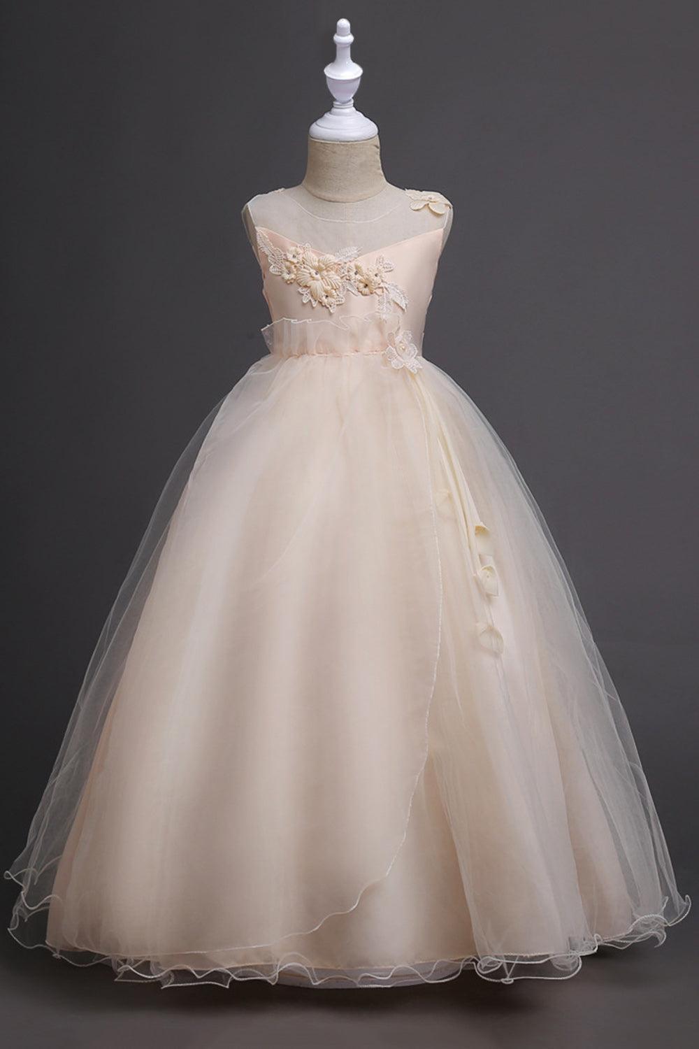 Tyl A-Line rundhals grøn pigekjoler med applikationer