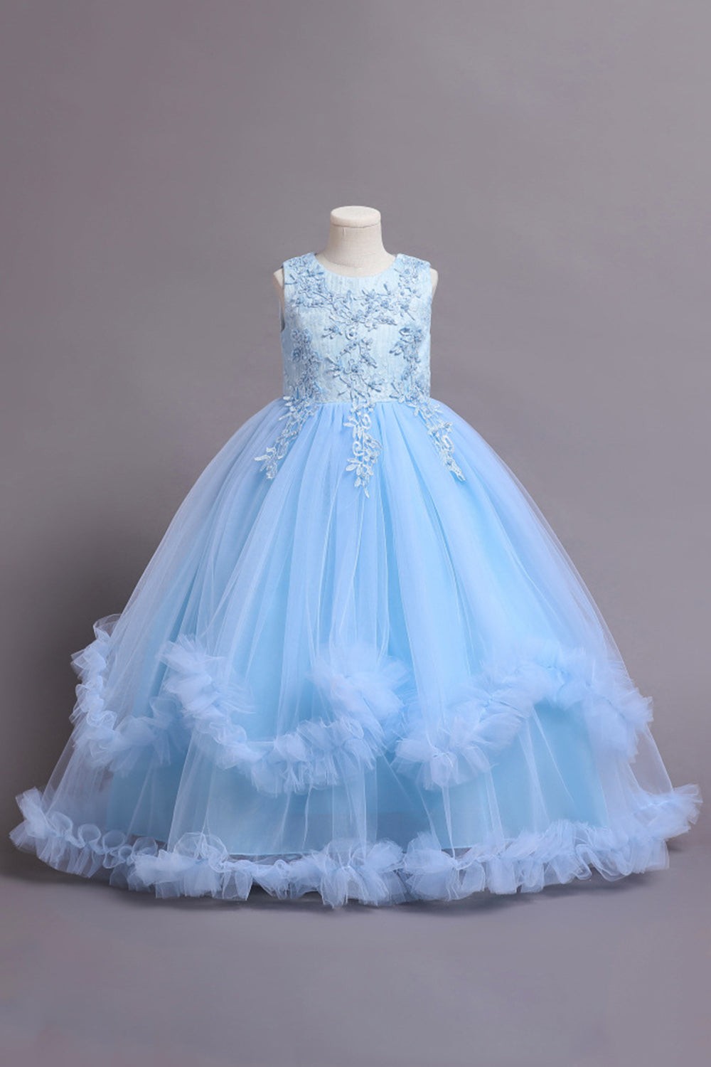 Tulle Beaded Blue Girls Kjoler med applikationer