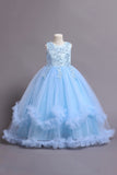 Tulle Beaded Blue Girls Kjoler med applikationer
