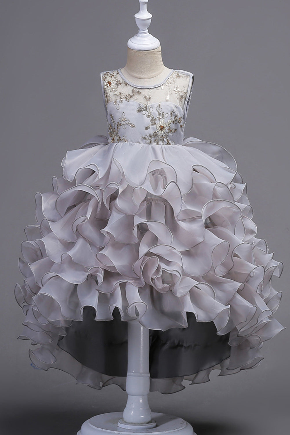 Høj lav rund hals ærmeløs lilla piger festkjoler