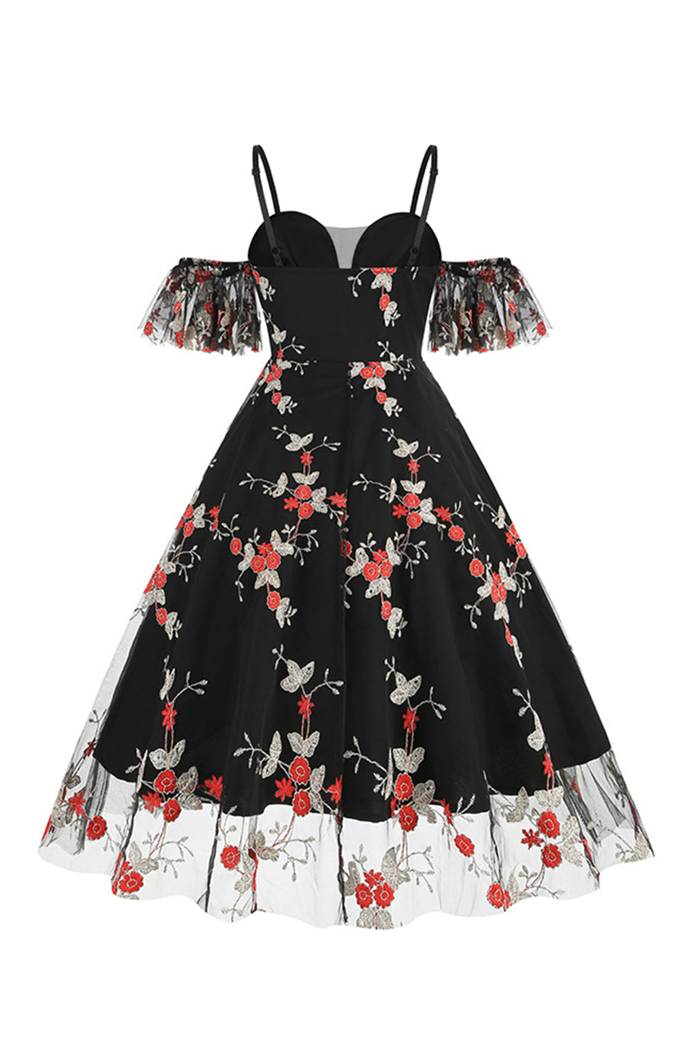 Fra skulder Blå 1950'er kjole med broderi