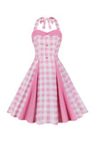 En Line Halter Hals Pink Plaid Pink 1950'erne kjole