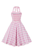 En Line Halter Hals Pink Plaid Pink 1950'erne kjole