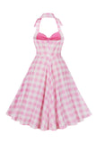Retro Stilarter A Line Halter Hals pink Plaid 1950'erne Kjole