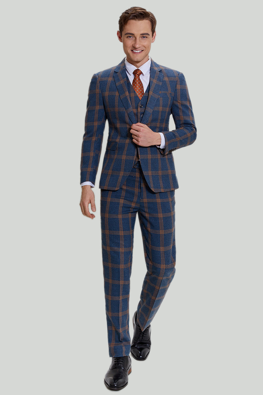 Gråblå mænds 3-delt Plaid Notched Revers Prom Suits
