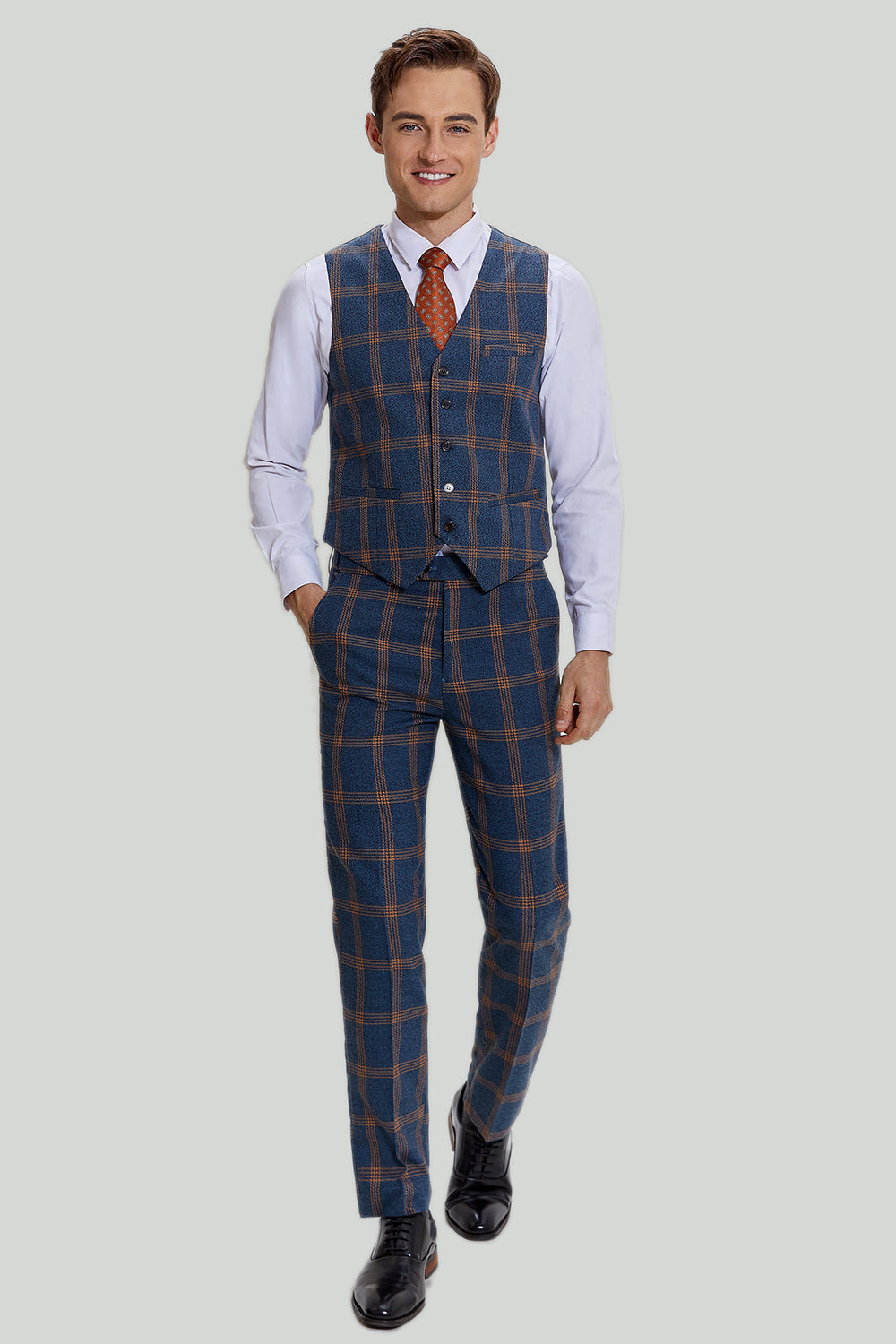 Gråblå mænds 3-delt Plaid Notched Revers Prom Suits