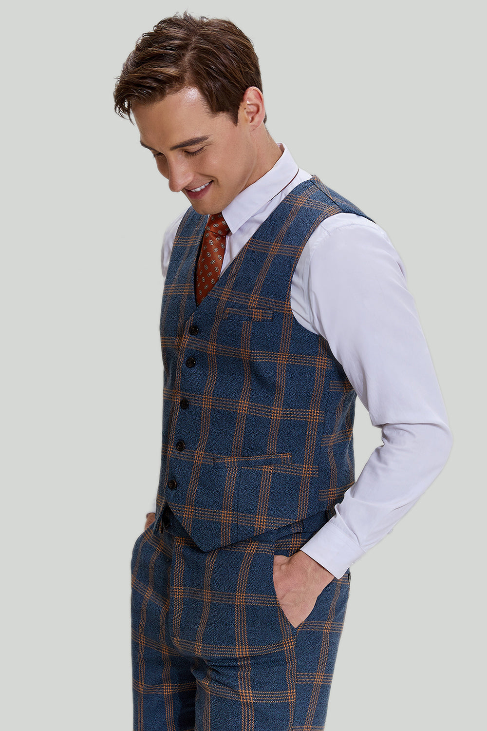 Gråblå mænds 3-delt Plaid Notched Revers Prom Suits