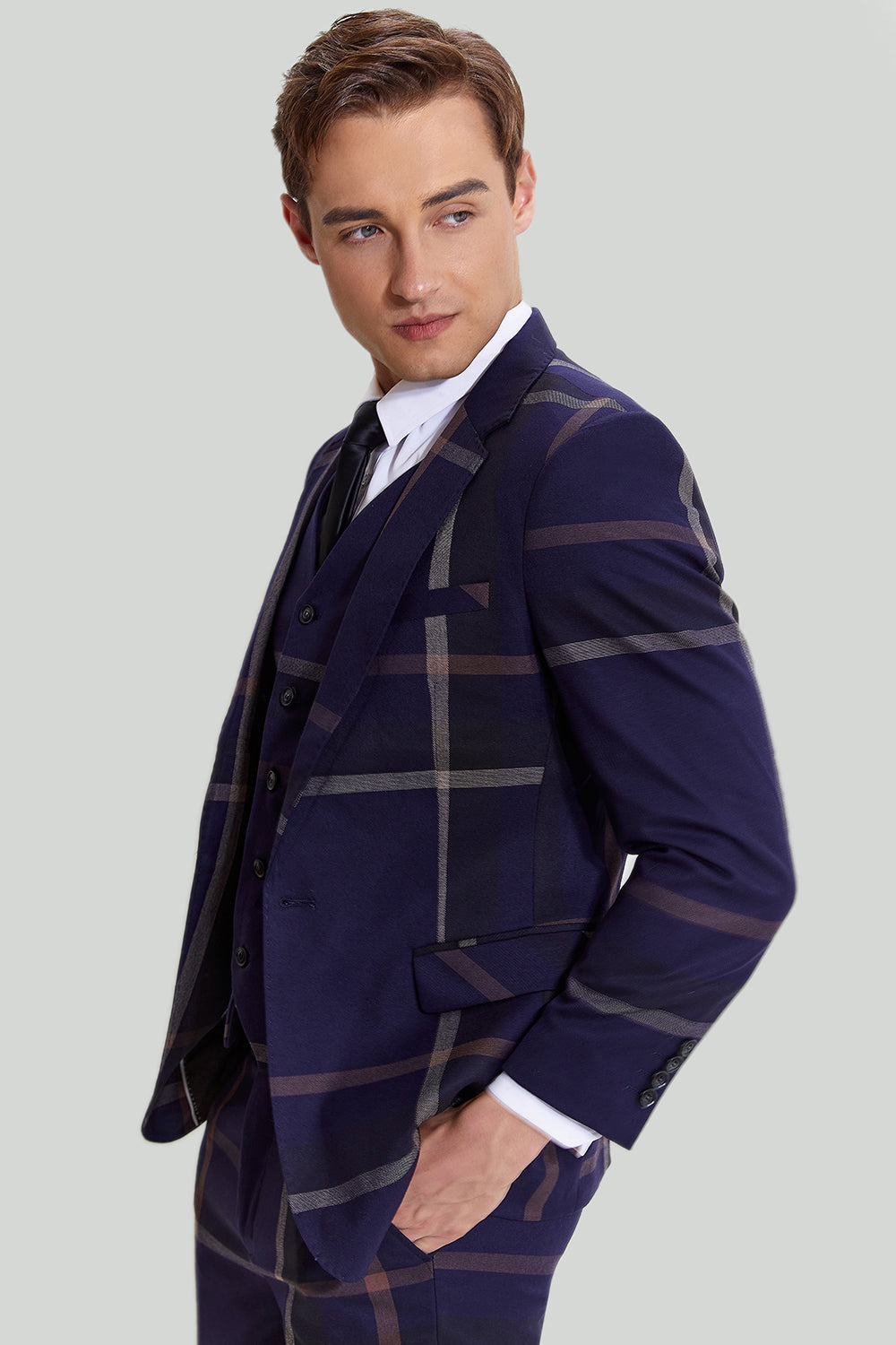 Mænds 3 stk. en knap Navy Plaid Tuxedo