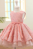 Sparkly Boat Neck Pink Flower Girl Kjole