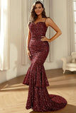 Bourgogne glitrende pailletter Havfrue Prom Kjole