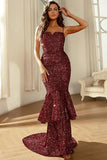 Bourgogne glitrende pailletter Havfrue Prom Kjole