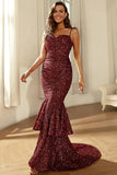 Bourgogne glitrende pailletter Havfrue Prom Kjole