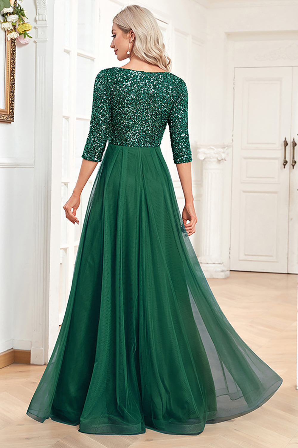 Sort A-Line V hals korte ærmer pailletter gallakjole