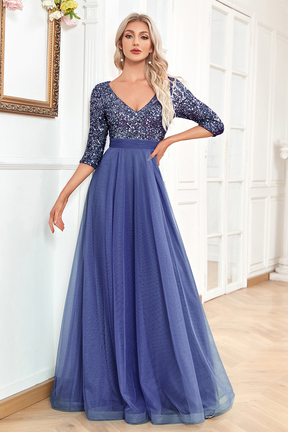 Sort A-Line V hals korte ærmer pailletter gallakjole