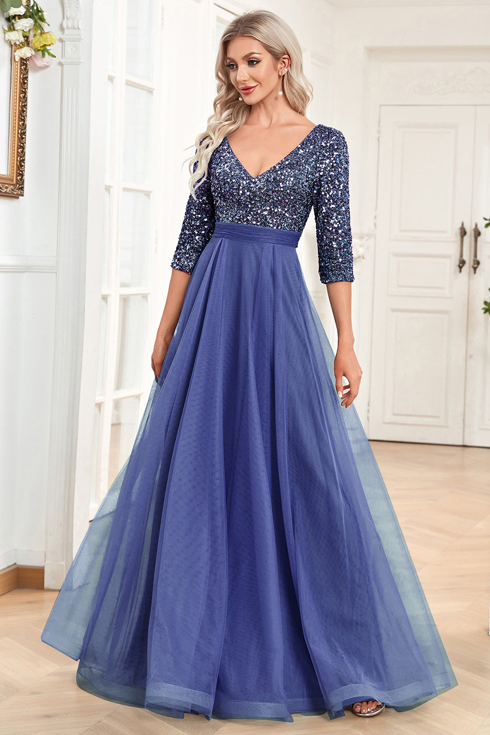 Sort A-Line V hals korte ærmer pailletter gallakjole