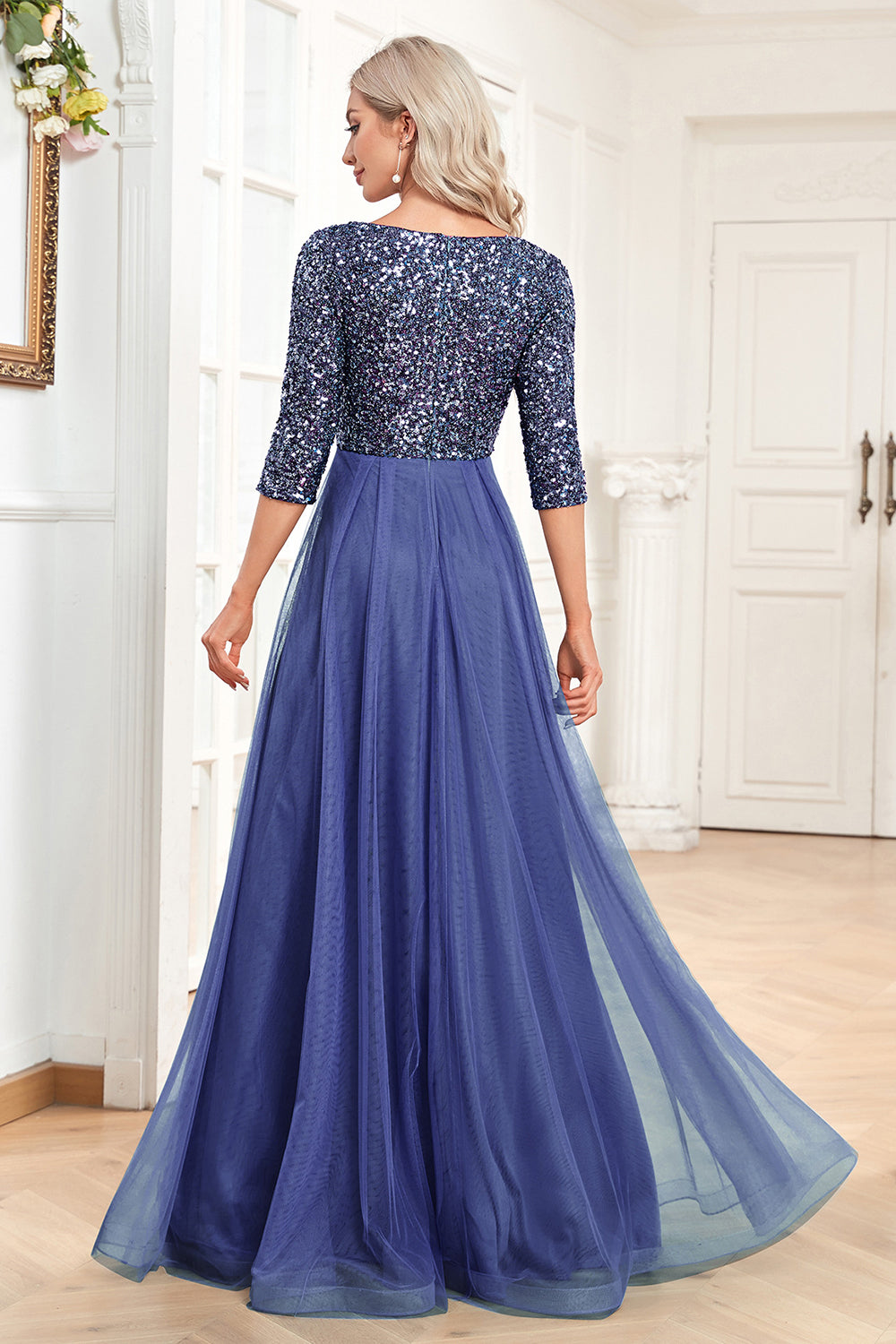 Sort A-Line V hals korte ærmer pailletter gallakjole