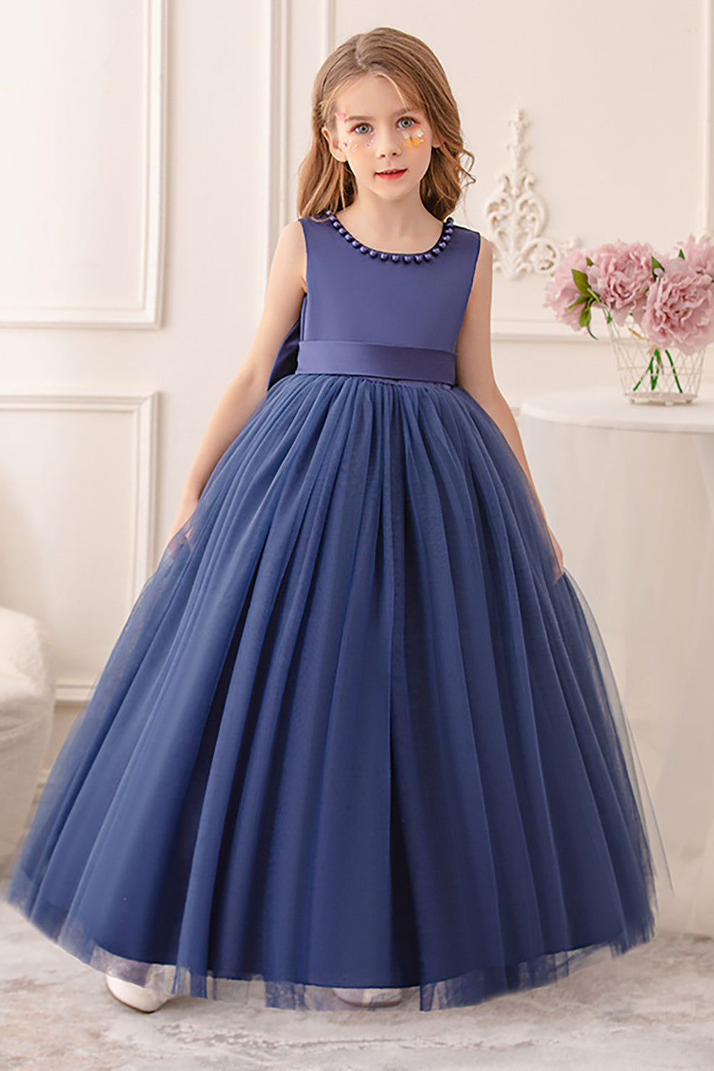 Hvid A Line ærmeløs Bowknot bloemenmeisje jurkje med perler