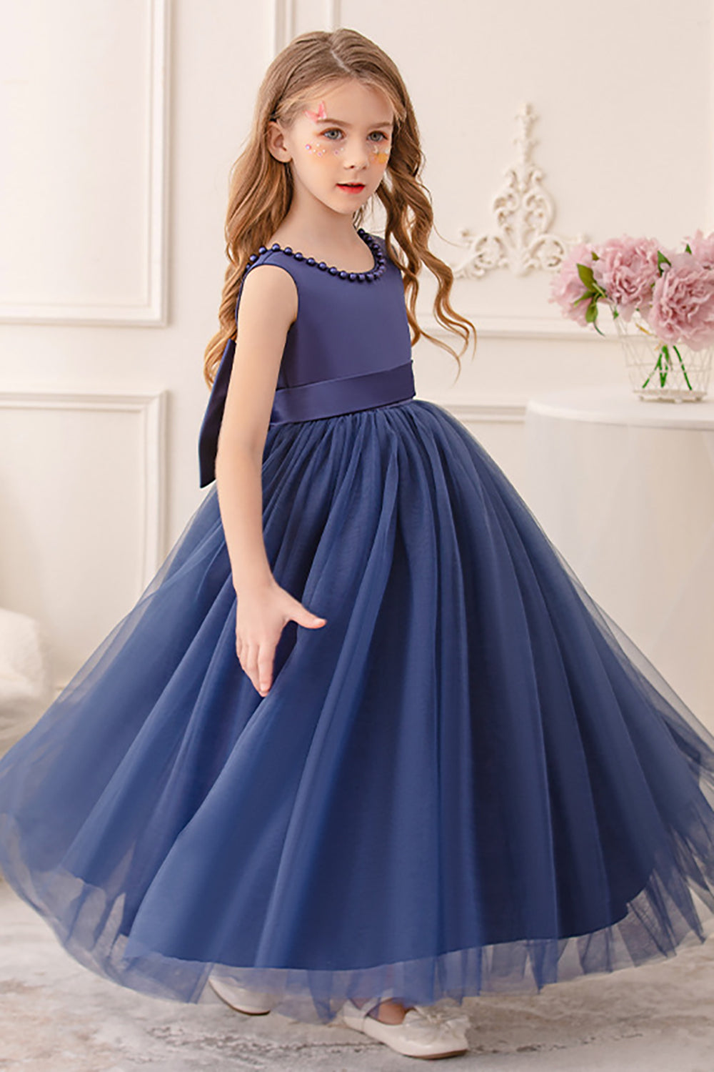 Hvid A Line ærmeløs Bowknot bloemenmeisje jurkje med perler