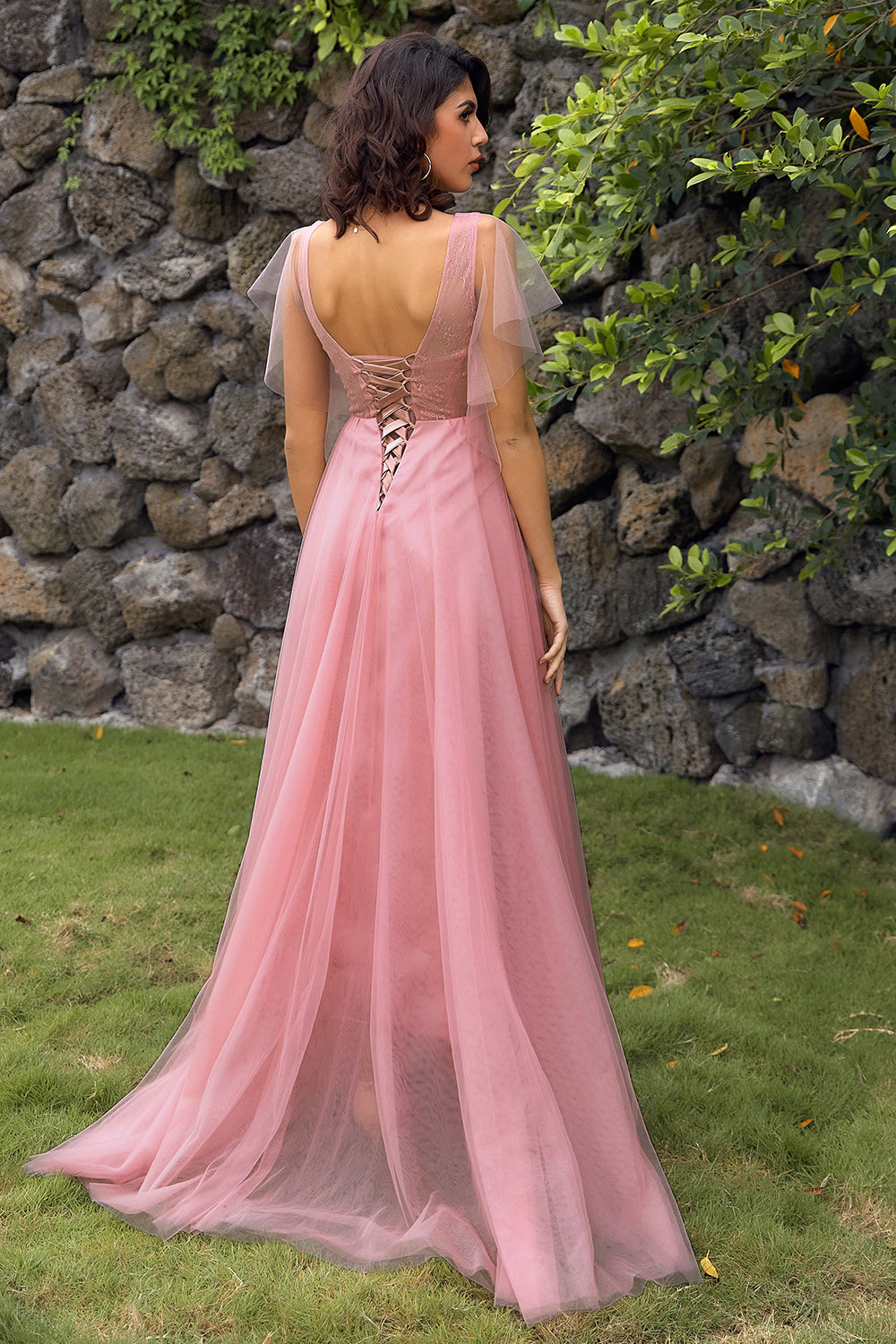 En Line V Hals Blush Long Prom Kjole med Appliques