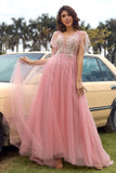 En Line V Hals Blush Long Prom Kjole med Appliques