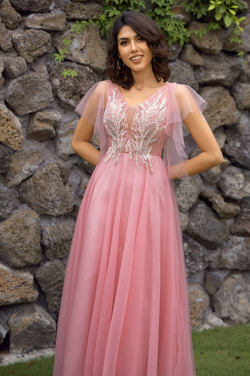 En Line V Hals Blush Long Prom Kjole med Appliques