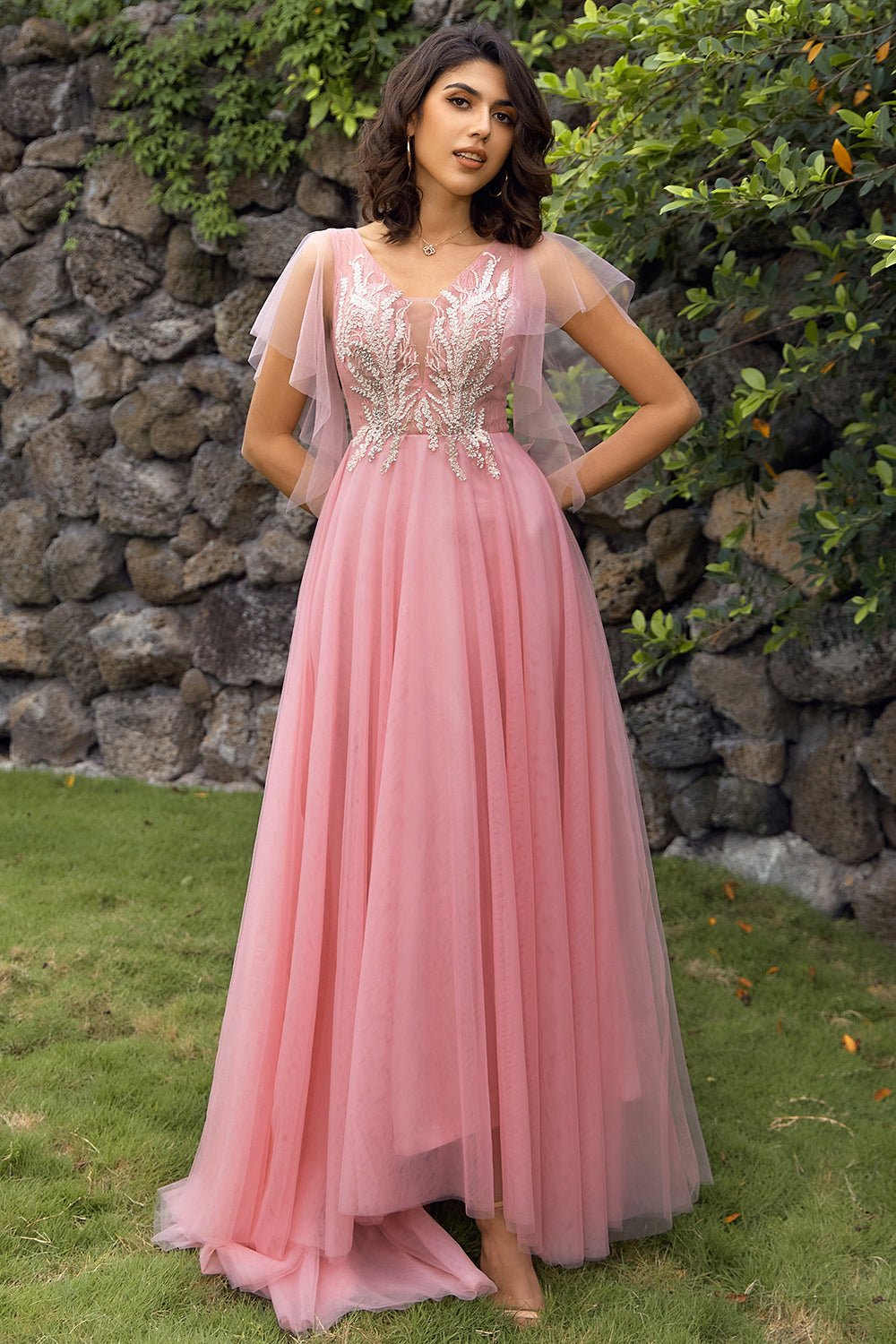 En Line V Hals Blush Long Prom Kjole med Appliques