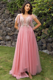 En Line V Hals Blush Long Prom Kjole med Appliques