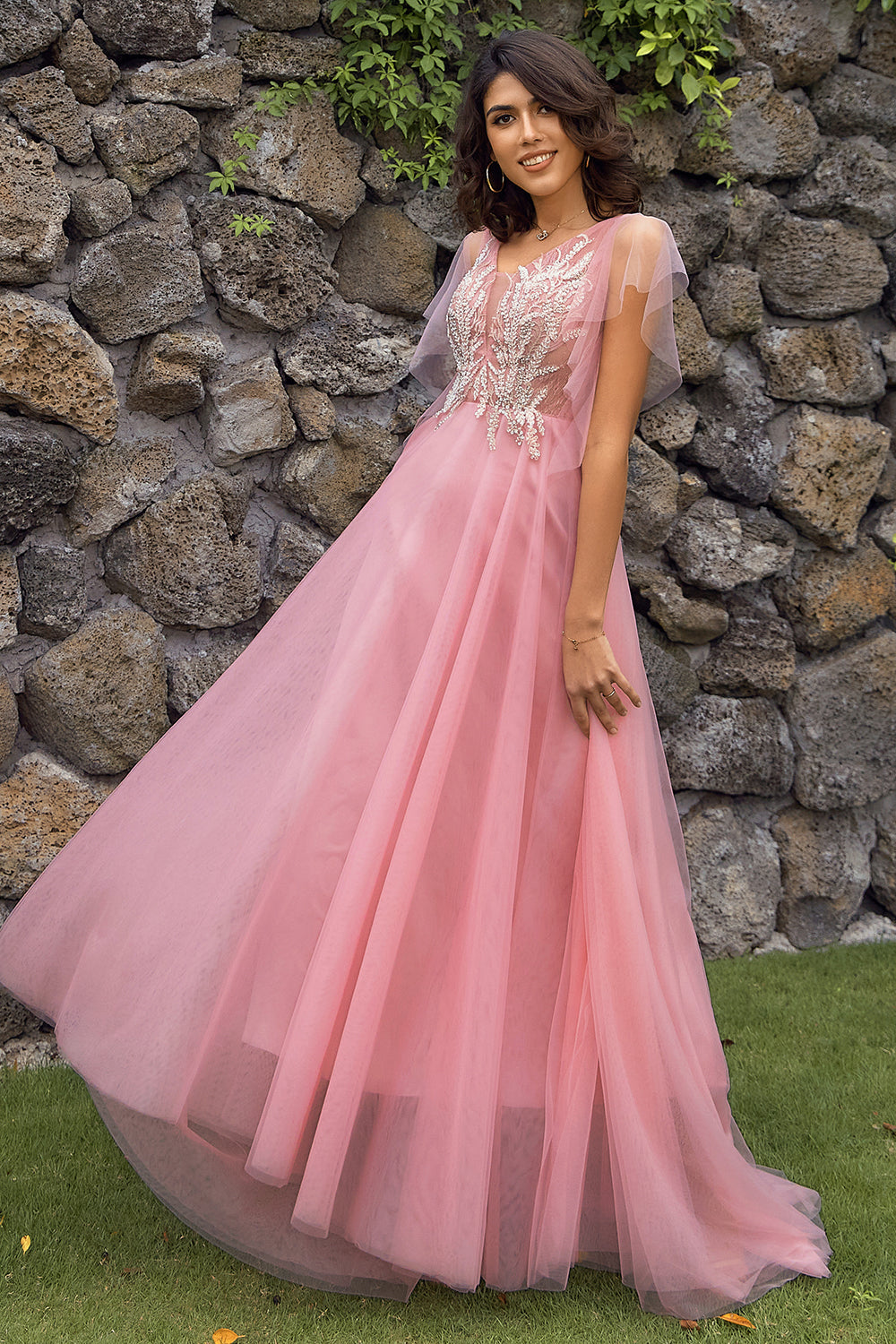 En Line V Hals Blush Long Prom Kjole med Appliques