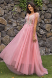 En Line V Hals Blush Long Prom Kjole med Appliques