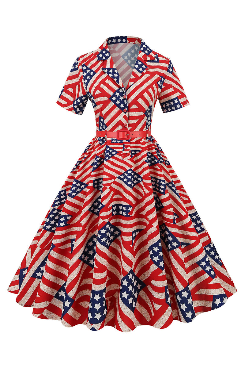 Zapaka Kvinder Rød Swing Kjole Bælte Amerikansk Flag Print Vintage Kjole – ZAPAKA DA