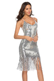 Sort Paillet Spaghetti Stropper Fringe Cocktail Kjole