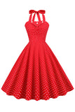 Retro stil Halter Red Polka Dots 1950'erne Kjole