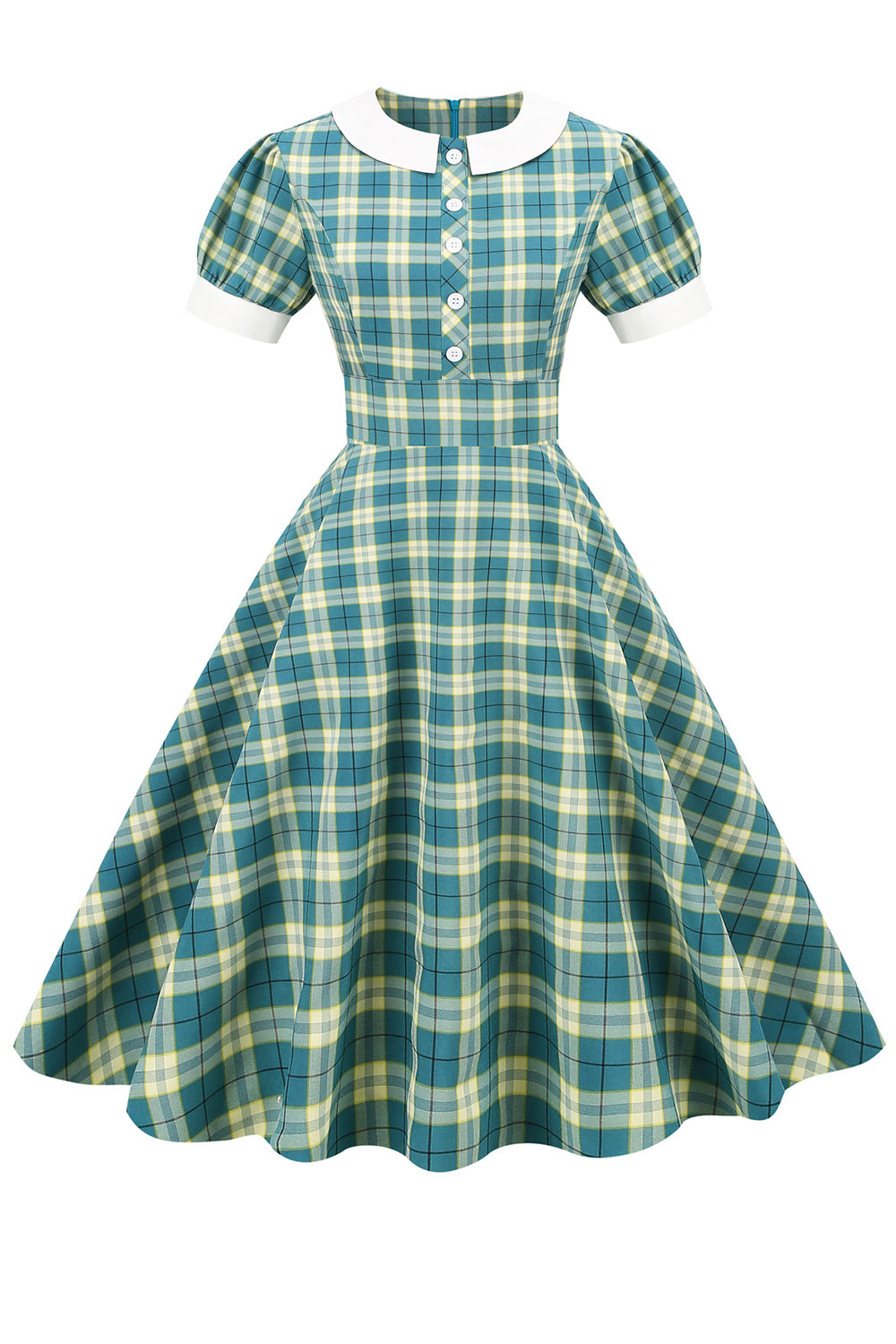 Jewel Neck Green Grid 1950'erne Kjole med korte ærmer