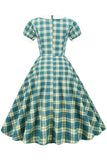Jewel Neck Green Grid 1950'erne Kjole med korte ærmer