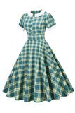 Jewel Neck Green Grid 1950'erne Kjole med korte ærmer