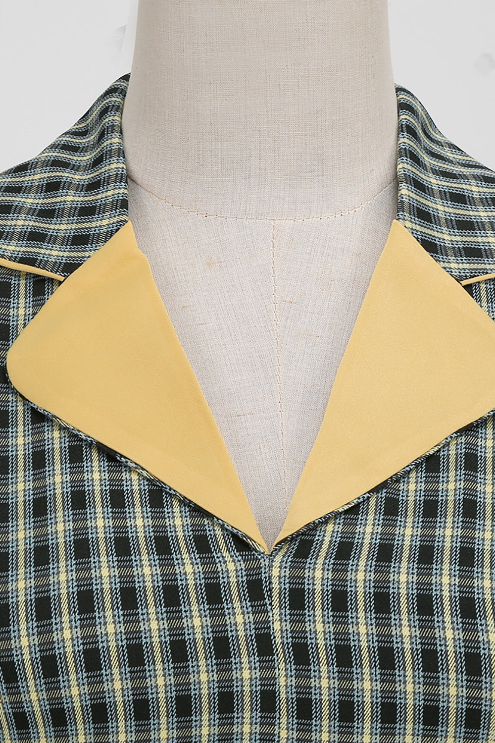 A Line V Neck Green Grid 1950'erne Kjole med 3/4 ærmer
