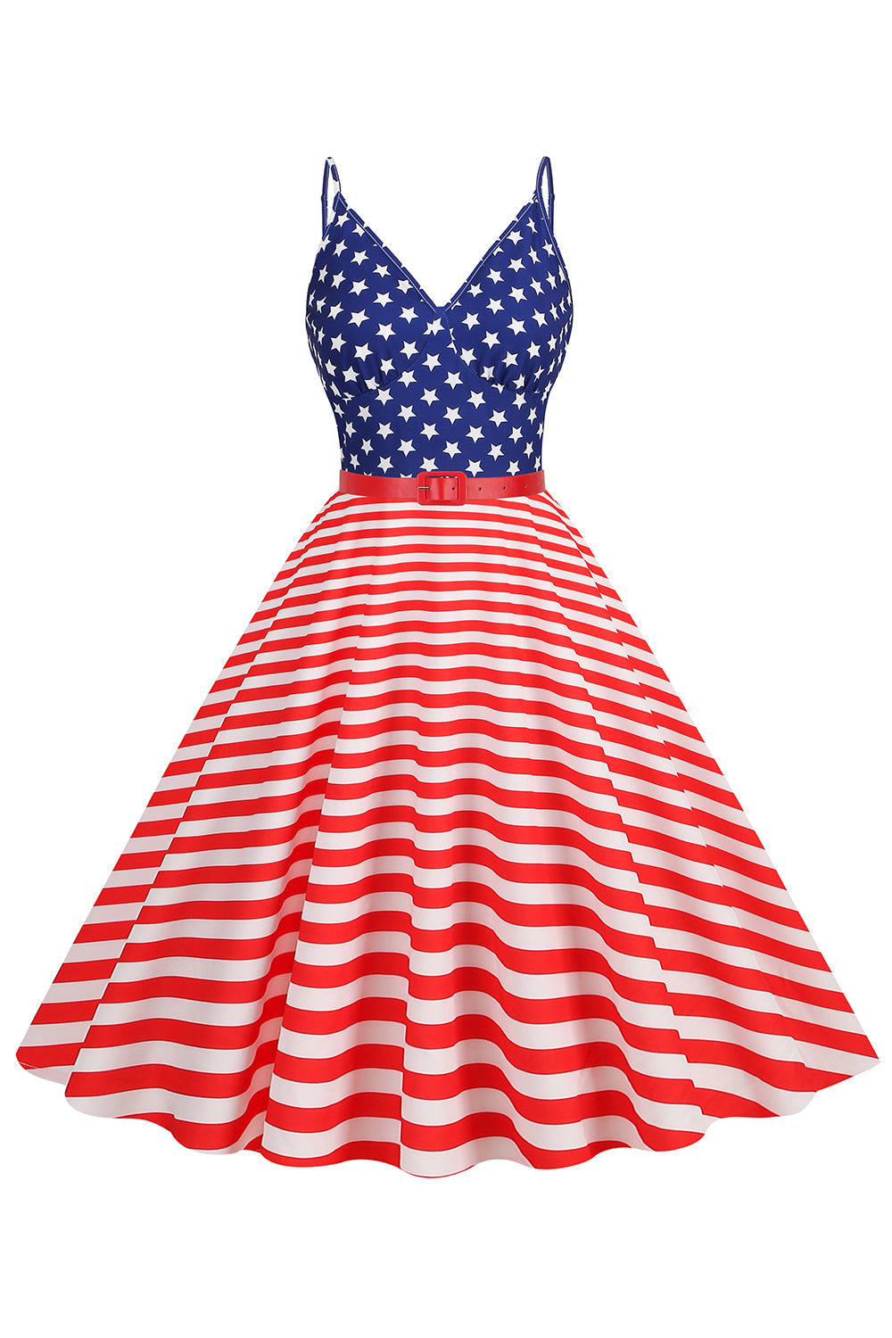 Spaghetti stropper blå stribe stjerne vintage kjole med bælte