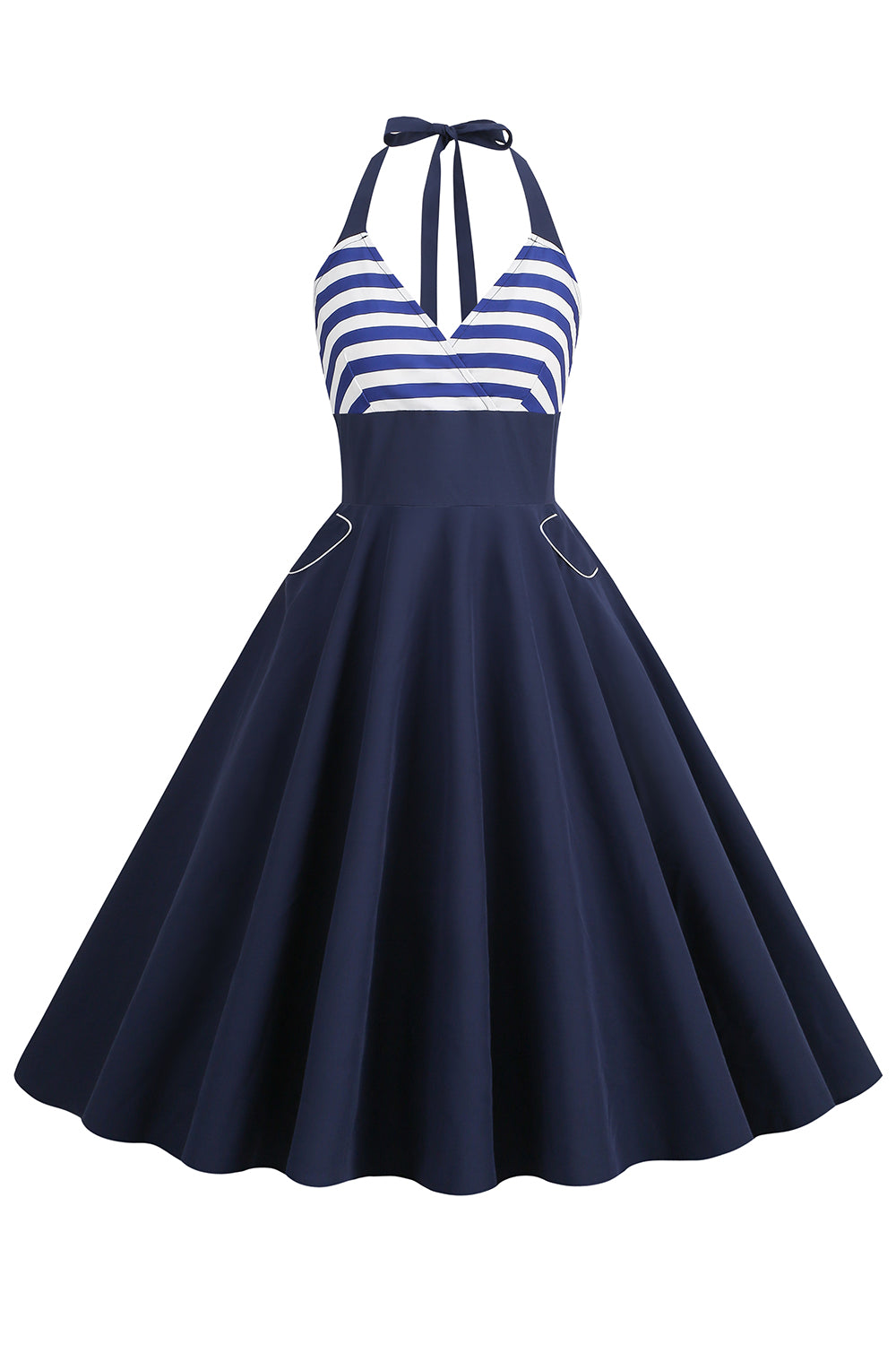 Halter Stripe Blue Swing Retro Kjole med lommer