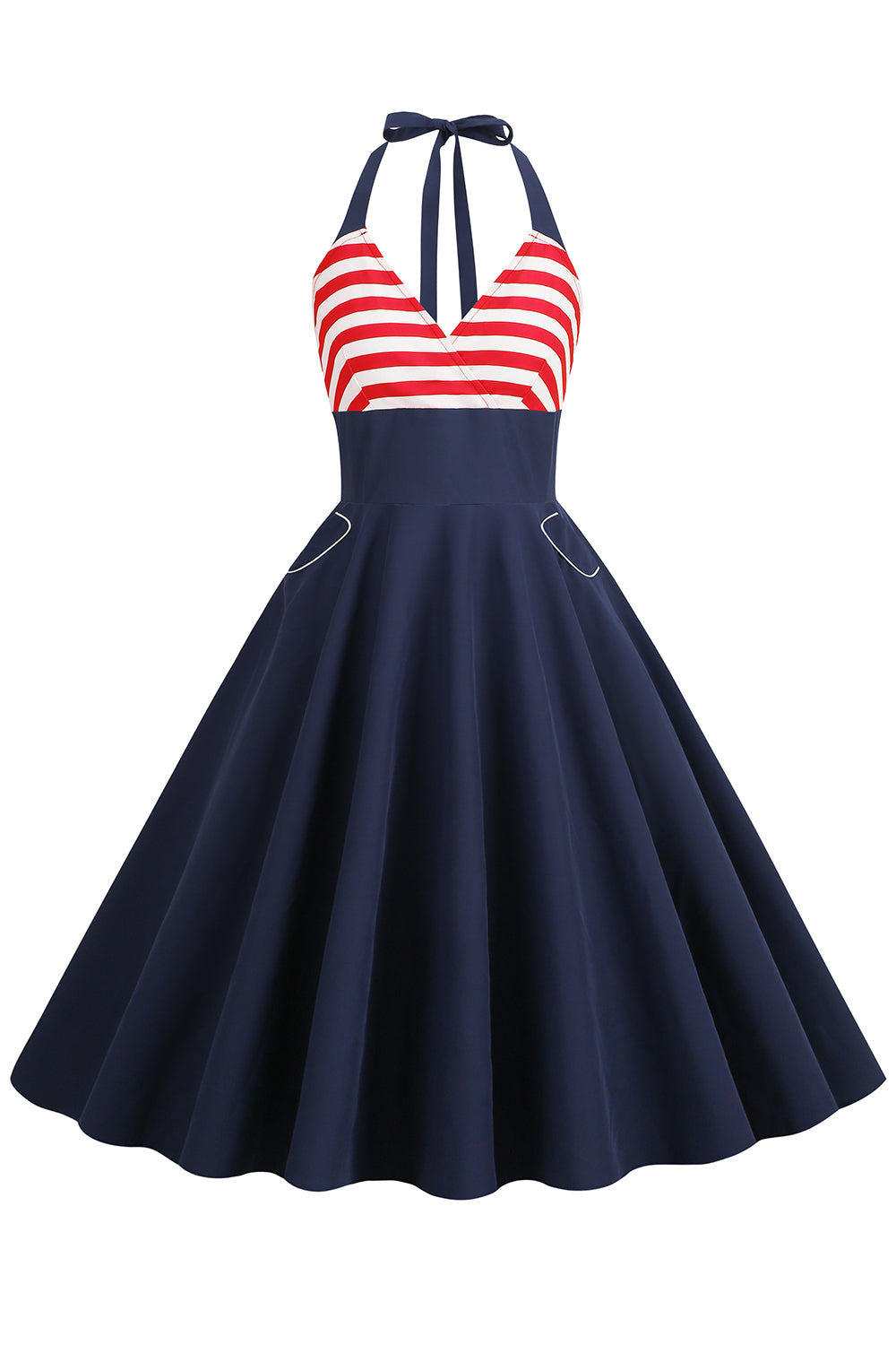 Halter Stripe Blue Swing Retro Kjole med lommer