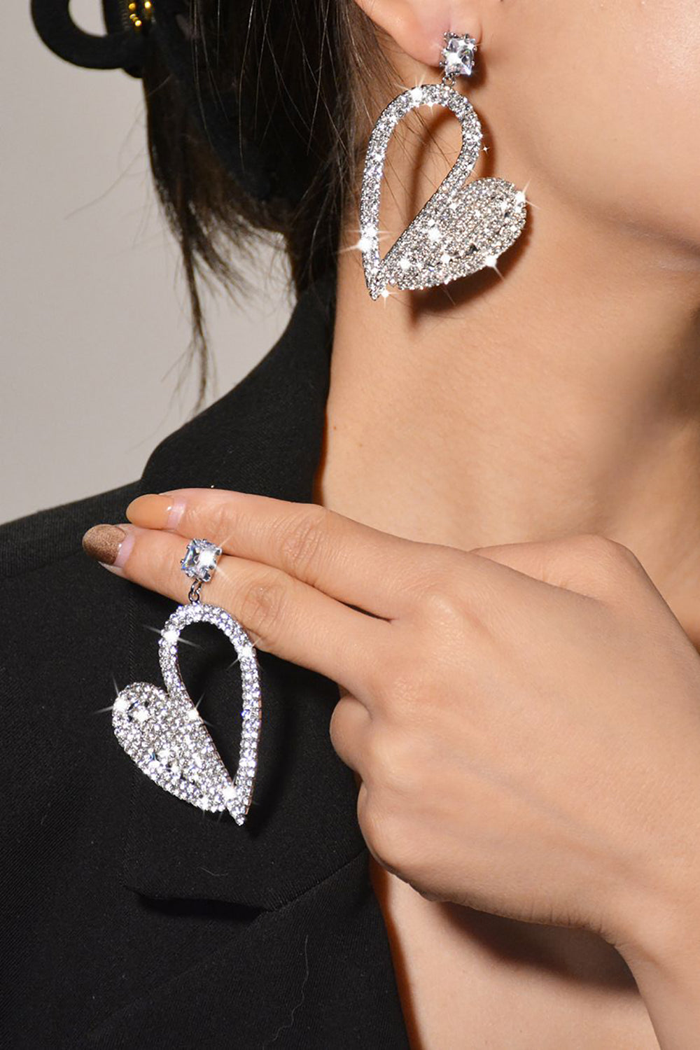 Mode sølvhjerte rhinestone dinglende øreringe til kvinder