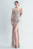 Glitrende Off The Shoulder Pailletter Golden Prom Kjole med fjer