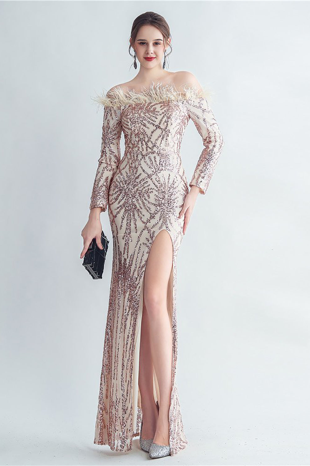 Glitrende Off The Shoulder Pailletter Golden Prom Kjole med fjer