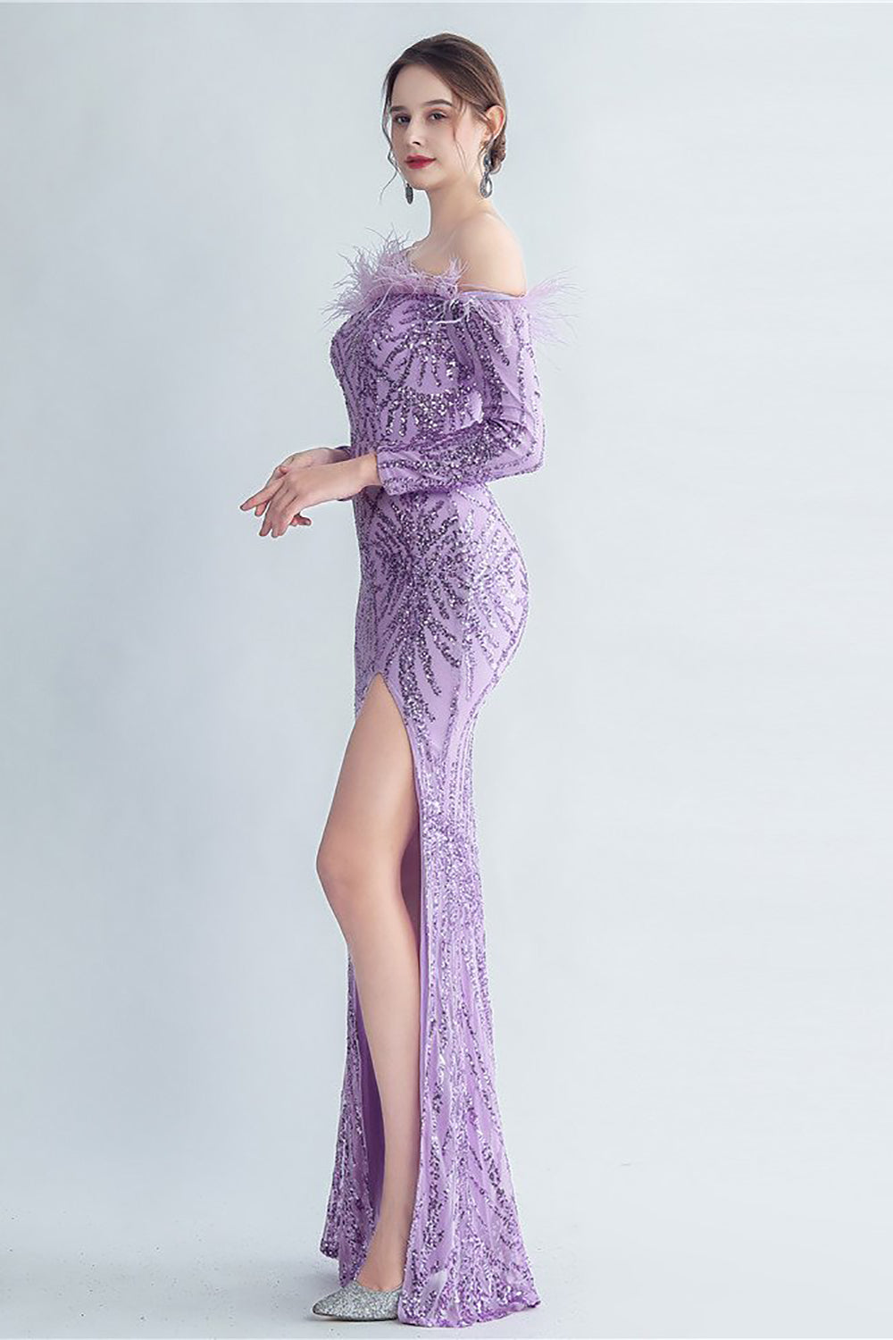 Glitrende Off The Shoulder Pailletter Golden Prom Kjole med fjer